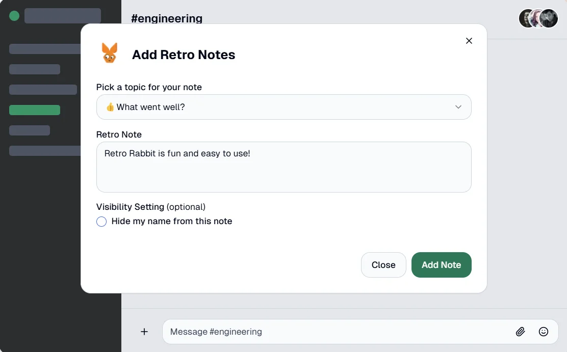 The Add Retro Notes dialog in Slack, opened with /retro